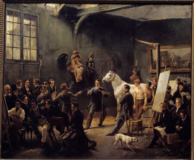 1820年のHorace Vernetの工房。多くの弟子が動物のモデルで練習している。ホレス・エミール・ヴェルネ（1789-1863）の絵画 1820年 日0.55x0.65mカルノー・コレクション 作： Emile Jean Horace Vernet