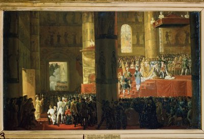 1797 年 4 月 5 日の女帝マリア フョードロヴナの戴冠式 (1797 年 4 月 5 日の女帝マリア フョードロヴナの戴冠式)。 Horace Vernet (1789-1863) による絵画。 キャンバスに油彩、60 x 95 cm。 19世紀フランスの芸術。 国立ロシア美術館、サ 作： Emile Jean Horace Vernet