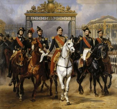 1837年6月10日、ルイフィリップと息子たちがここで馬に乗ってベルサイユ宮殿を去る 作： Emile Jean Horace Vernet