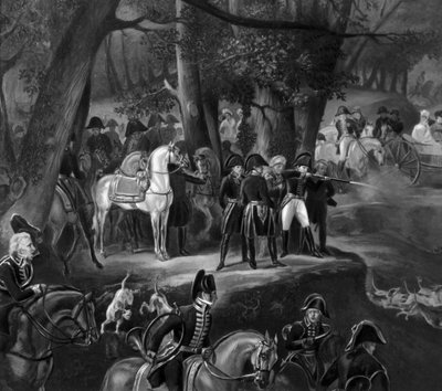 フォンテーヌブローの森で狩りをするナポレオン1世 作： Emile Jean Horace Vernet