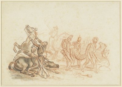 スペインでの戦争シーン: 負傷した馬がピストル ショットでとどめを刺す 作： Emile Jean Horace Vernet
