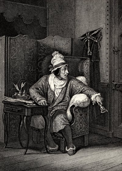 モリエール作『想像上の悪人』の一場面、ホレス・ヴェルネ作、エングレーヴィング - Le Malad imaginaire by Jean-Baptiste Poquelin dit Moliere (1622-1673) 作： Emile Jean Horace Vernet