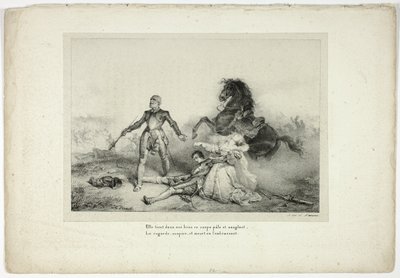 彼女は白く血まみれの死体を腕に抱えていた... 作： Emile Jean Horace Vernet
