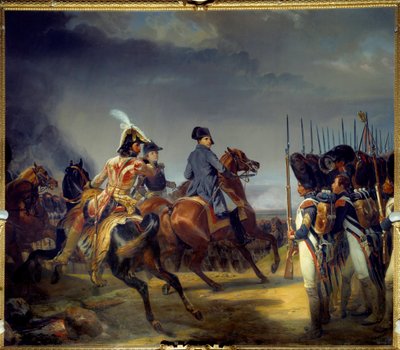 1806年10月14日のイエナの戦い、皇帝ナポレオン1世（1769-1821）、ヨアヒム・ムラットとルイ・アレクサンドル（Louis-Alexandre）・ベルティエが衛兵の審査を通過する 絵画：エミール・ディ・ホレス・ヴェルネ（1789-1863） 1836年 薄暗い 4,65x5,43 m 作： Emile Jean Horace Vernet