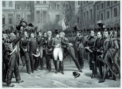 ナポレオン・ボナパルト（1769-1821）がフォンテーヌブローのシュヴァル・ブランの中庭で近衛兵に別れを告げる場面 20/04/1814 Emile Vernet dit Horace Vernet（1789-1863）によるエングレーヴィング 1814 Paris, B.N. 作： Emile Jean Horace Vernet