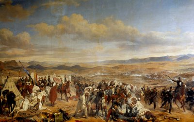 1844年8月14日、マレシャル・ブジョーが、スルタンの息子であるシディ・モハメド・アブ・エル・ラーマンのモロッコ軍を破って勝利したイスリーの勝利。ホレス・ヴェルネ（1789-1863）による絵画 19世紀 作： Emile Jean Horace Vernet