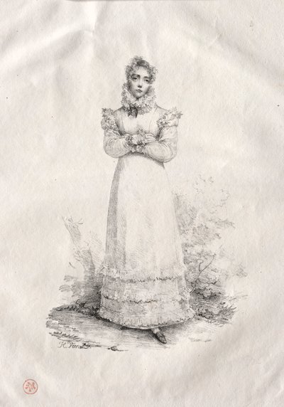 若い女性が立っています。 作： Emile Jean Horace Vernet