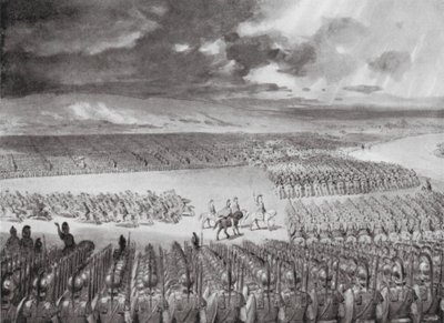 アレクサンダーの攻撃を待つポルス（紀元前326年7月）（リトグラフ 作： Horace van Ruith