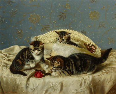 いたずらする子猫たち（キャンバスに油彩） 作： Horatio Henry Couldery
