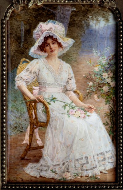庭に座っている若い女性 Hortense Richard (1860-after 1939) による象牙のミニチュア 20 世紀の Sun。 0,24x0,15メートル 作： Hortense Richard