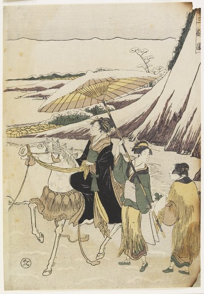 渓谷を旅する3人の女性、1794-96（カラー木版画） 作： Hosoda Eiri