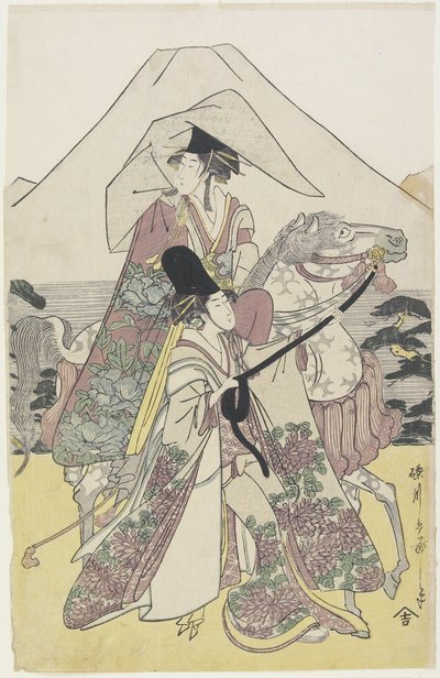 山のふもとに馬で旅行する二人の女性富士、1790年代（カラーの木版画） 作： Hosoda Eiri