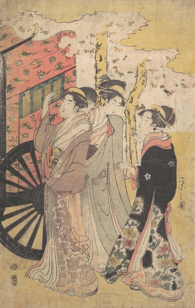 宮廷馬車の女性、桜を見る 1796年寛政8年。 作： Hosoda Eishi