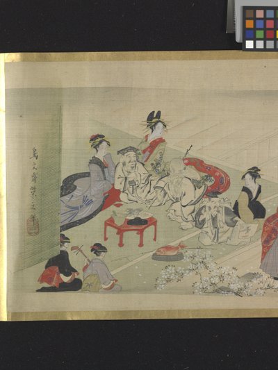 Three Gods Of Good Fortune On A Pleasure Outing (ink and light colours on paper)   1448452   ja       japanese Successfully Translated  Original: Title page for the Golden primer. A child is on a ladder, picking apples from a tree. Translat: Title page for 作： Hosoda Eishi