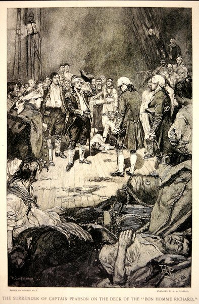 1779年、ボノム・リシャール号の甲板でピアソン船長がジョン・ポール・ジョーンズに降伏したときの様子（リトグラフ） 作： Howard (after) Pyle
