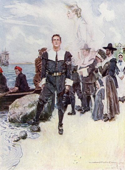 Kuvitus Henry Wadsworth Longfellowin The Courtship of Miles Standishin teokseen (värilitho) 作： Howard Chandler (after) Christy