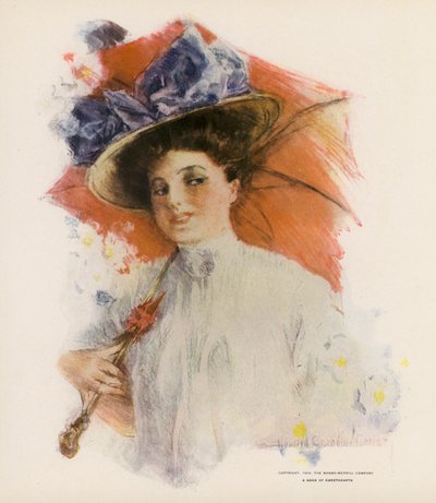 オレンジ色の日傘をさす若い女性（カラーリトグラフ） 作： Howard Chandler (after) Christy