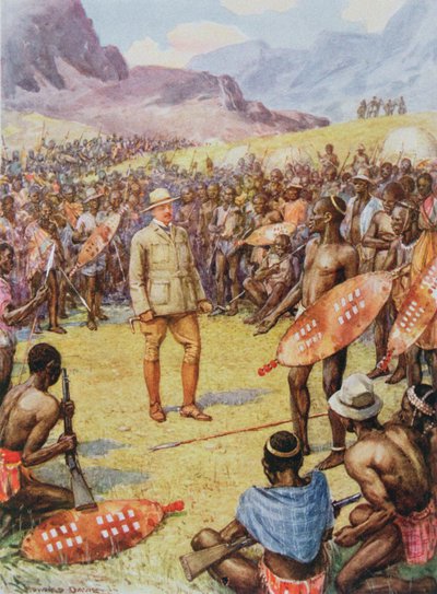 Cecil Rhodes (1853-1902) と「Heroes of History, pub」のマタベレス。 Raphael Tuck & Son Ltd.、ロンドン (挿絵) 作： Howard Davie