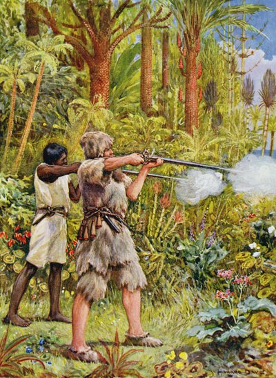 Crusoe and Friday Shoot the Savages、Daniel Defoe (1660-1731) による「Robinson Crusoe」のイラスト (カラー リソ) 作： Howard Davie