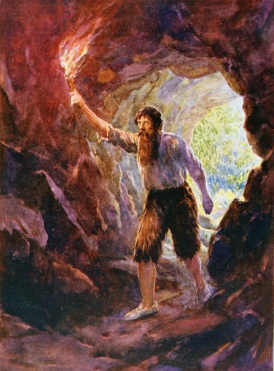 洞窟でのクルーソーの冒険、ダニエル・デフォー（1660-1731）による「ロビンソン・クルーソー」のイラスト（カラーリソ） 作： Howard Davie