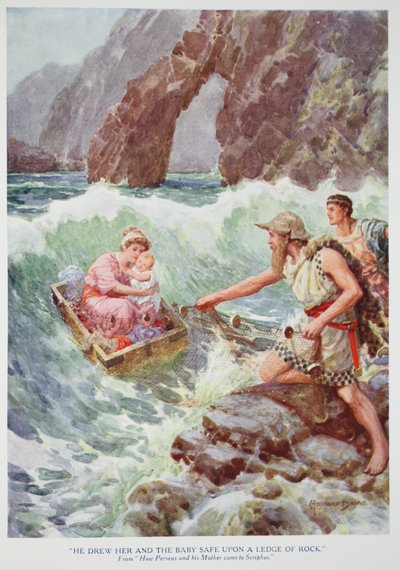 「彼は彼女と赤ん坊を無事に岩の棚の上に引き寄せた」（カラーリソ） 作： Howard Davie