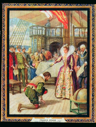 エリザベス1世女王（1530-1603）の騎士フランシス・ドレイク（1540-96）、「歴史の英雄」のイラスト（カラーリソ） 作： Howard Davie