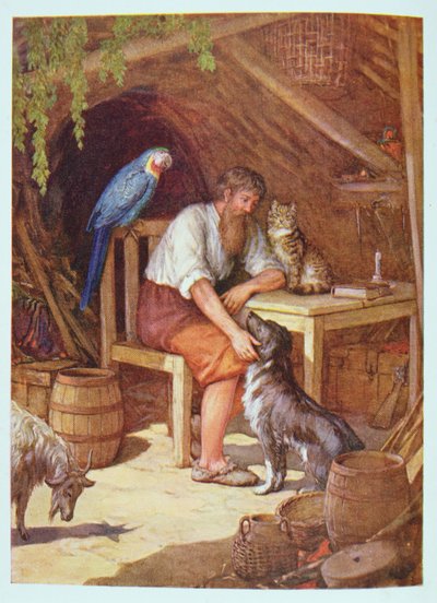 小屋のロビンソン・クルーソー、ダニエル・デフォー（1660-1731）による「ロビンソン・クルーソー」のイラスト（カラーリソ） 作： Howard Davie