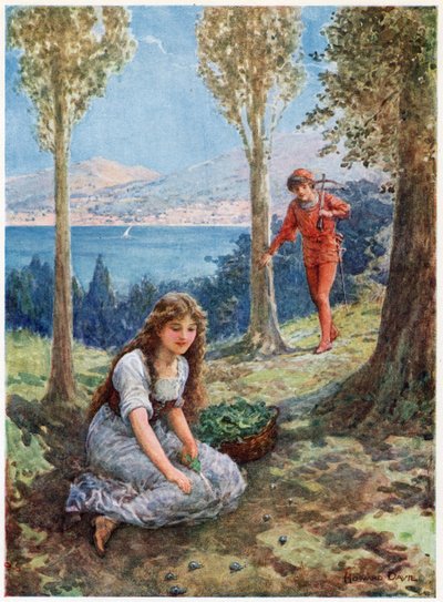 「突然彼は立ち止まり、夢中になって見つめていた」、イタリアのおとぎ話、リリア E. ロマーノ作、ラファエル タック & サンズ発行 (カラー リソ) 作： Howard Davie