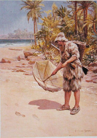 砂の中の足跡、ダニエル・デフォー（1660-1731）による「ロビンソン・クルーソー」のイラスト（カラーリソ） 作： Howard Davie