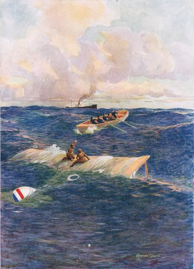 「「デンマークのメアリー」の救命ボートがホーカーとグリーブを救出」、C. Sheridan Jones 著「Brave Deeds by Brave Men」のイラスト、パブ。 1922年（石版） 作： Howard Davie