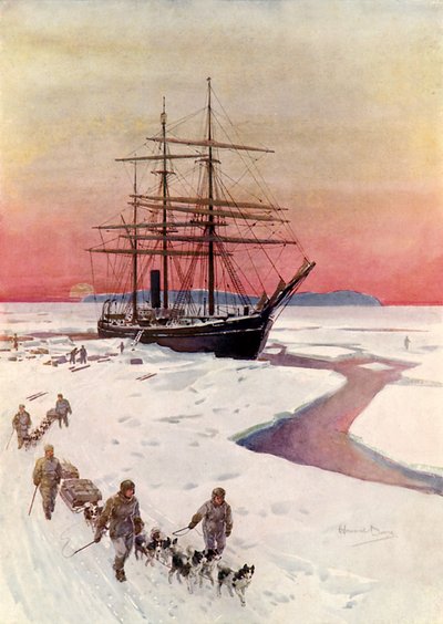 McMurdo Sound で「Terra Nova」を降ろす (カラー リソ) 作： Howard Davie