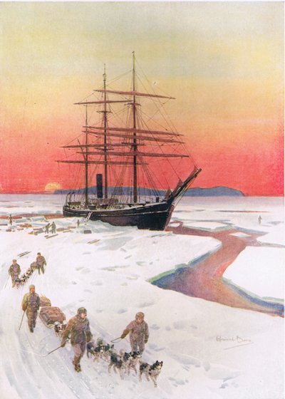 「マクマード サウンドでテラ ノヴァを降ろす」、C. Sheridan Jones 著「Brave Deeds by Brave Men」のイラスト、パブ。 1922年（石版） 作： Howard Davie