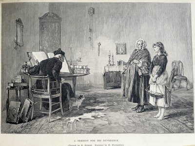 二人のアイルランド人女性が宗教家にプレゼントを持っていく。19世紀にH.ヘルミックが描いたものをH.Werdmullerがエングレーヴィングしたもの。 作： Howard Helmick