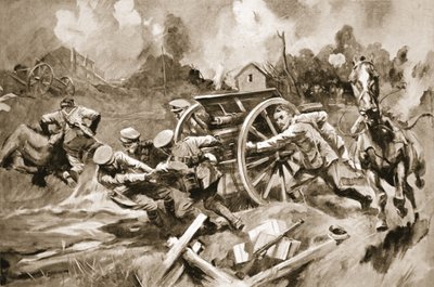 指揮官が負傷したFarrier-Sergeant T. Harrisonが砲撃の下で容赦のない立場から馬と銃を救出した 作： Howard K. Elcock
