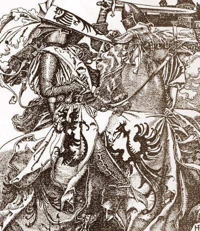 Arthurian Legenda: Kay (Keu), pyöreän pöydän ritari, murtaa miekkansa turnauksessa (Sir Kay, pyöreän pöydän ritari, murtaa miekkansa turnauksessa) Howard Pylen (1853-1911) kuvitus teoksesta Tarina kuningas Arthurista ja hänen ritareistaan”” 190 作： Howard Pyle