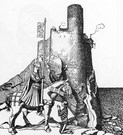 Lenda Arturiana: Tristão chegando ao Castelo de Nabon (Sir Tristam chegando ao castelo de Sir Nabon) Ilustração de Howard Pyle (1853-1911) de “A História dos campeões da mesa redonda”” 1905 Coleção particular 作： Howard Pyle