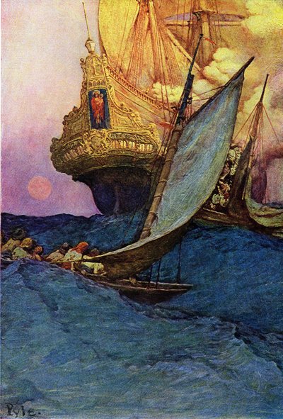 ガレオン船を襲う海賊たち。アメリカのイラストレーター、ハワード・パイル（1853-1911）による「スペイン本国の海賊（Buccaneers and Marooners）の本」（Book of pirates Buccaneers and Marooners of the spanish Main 作： Howard Pyle