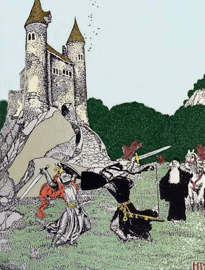 魅惑のマーリンの前でのアーサー王（アルトゥス）と黒騎士の戦い。イラスト：ハワード・パイル（1853〜1911）（アメリカのイラストレーター 作： Howard Pyle