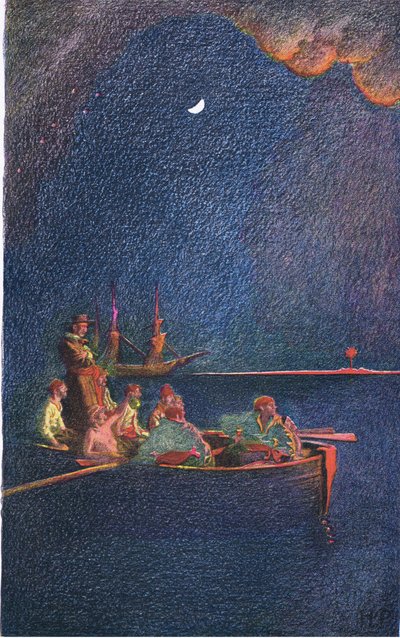 船を燃やす、ハーパー＆ブラザーズ発行のハワードパイルズオブパイレーツの本、1921年 作： Howard Pyle
