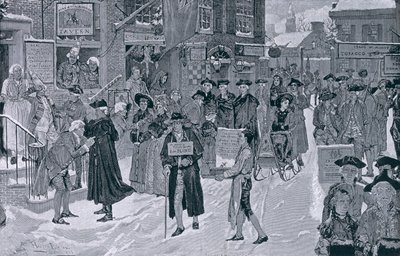 革命前の古いニューヨークのクリスマスの朝、ハーパーのウィークリー、パブからのイラスト。 1880年12月25日 作： Howard Pyle