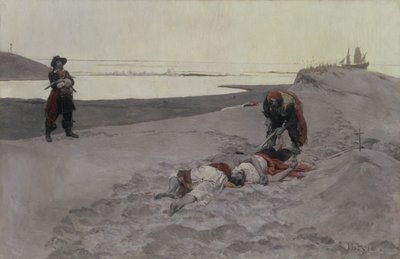 死んだ男は物語を語らない、1899年（キャンバスに油彩、グリザイユ） 作： Howard Pyle