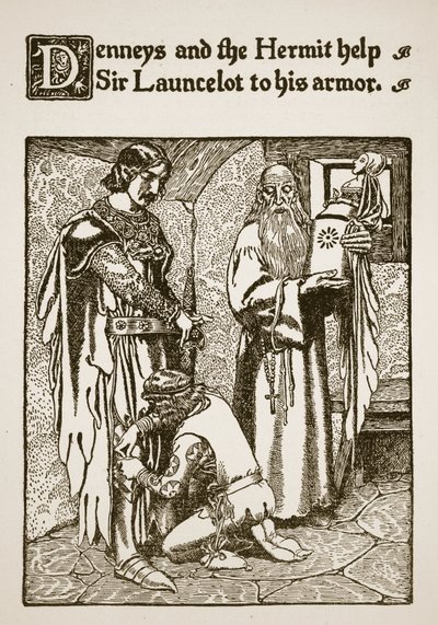 デニーズとハーミットは、ローンセロット卿の鎧を手助けします。「The Story of Sir Launcelot and his Companions」（1907年）のイラスト 作： Howard Pyle