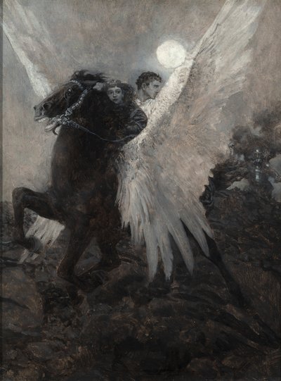 ハワード・パイルの「月の裏の庭」より、黒い翼のある馬を速く飛ばした 作： Howard Pyle