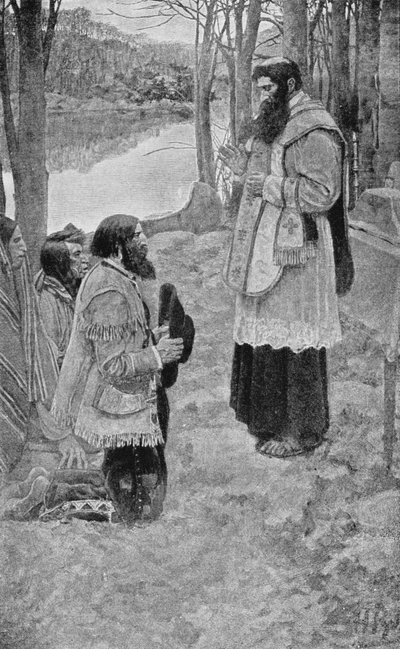 ミサを祝うヘネピン神父、フランシスパークマンによる「ラサールと大西洋の発見」のイラスト 作： Howard Pyle