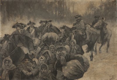 馬に乗った5人の赤毛の兵士と、もう1人、目深にマントをまとった兵士......その周囲には、老若男女の貧しい人々が雑多に集まっていた 作： Howard Pyle