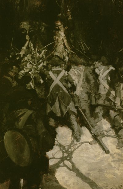 1901 年 9 月にスクリブナーズ マガジンに掲載されたフランシス V. グリーンの「The United States Army」より、ニュージャージー州モリスタウンでペンシルバニア連隊の反乱を鎮めようとするウェイン将軍 (1781 年) (キャンバスに油彩) 作： Howard Pyle