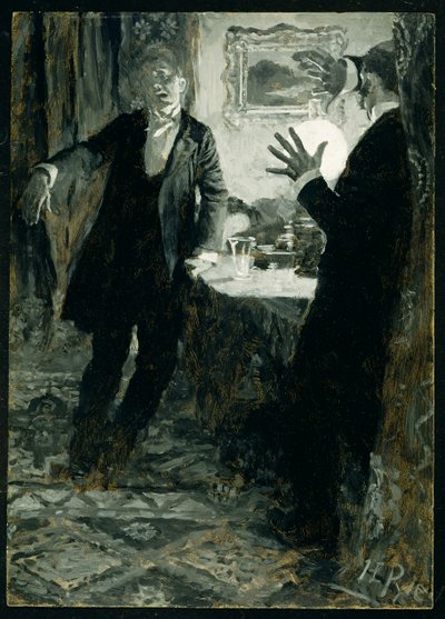 彼はグラスをくちびるに当てて、「Dr. ロバート・ルイス・スティーブンソン（1850-94）によるジキルとハイド氏、アメリカ版、1895年発行（キャンバスに油彩） 作： Howard Pyle