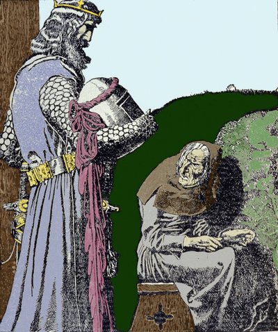 アーサー王（アルトゥス）と魔女。イラストはアメリカのイラストレーター、ハワード・パイル（1853〜1911）。 作： Howard Pyle