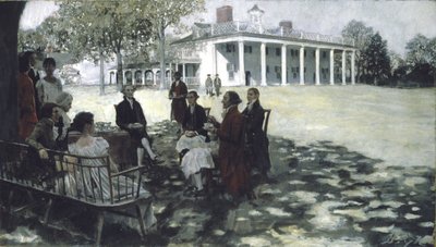 マーサとジョージワシントンは、1898年にマウントバーノンの芝生で友達を楽しませました（キャンバスに油彩とグリザイユ） 作： Howard Pyle