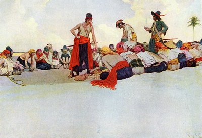 輪になって再会した海賊たちの間で宝物を分け合う。アメリカのイラストレーター、ハワード・パイル（1853-1911）の「Book of pirates Buccaneers and Marooners of the Spanish Main」からの引用。 作： Howard Pyle